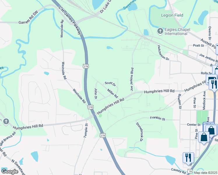 map of restaurants, bars, coffee shops, grocery stores, and more near 5901 Miller Road in Austell