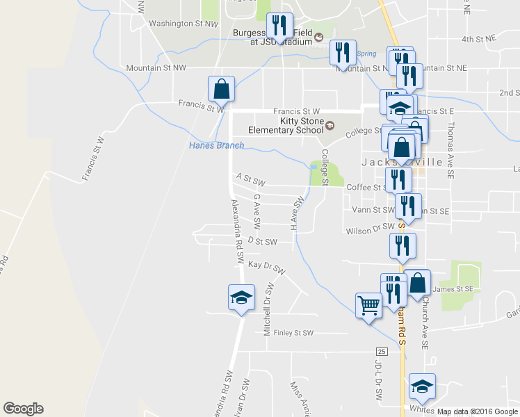 map of restaurants, bars, coffee shops, grocery stores, and more near 58 B Street Southwest in Jacksonville