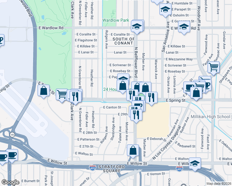 map of restaurants, bars, coffee shops, grocery stores, and more near 5336 East Pavo Street in Long Beach
