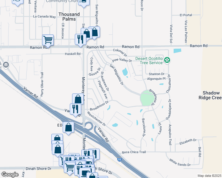map of restaurants, bars, coffee shops, grocery stores, and more near 32800 Saint Andrews Drive in Thousand Palms