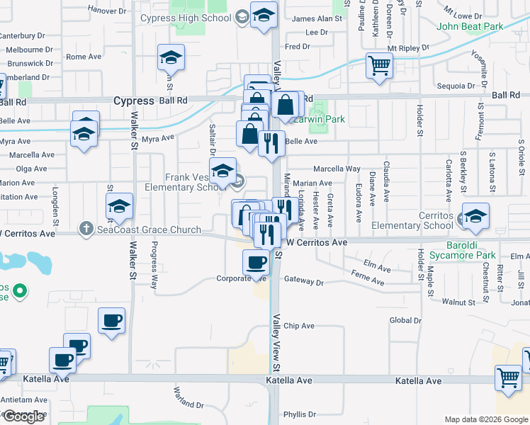 map of restaurants, bars, coffee shops, grocery stores, and more near 5966 Cathy Avenue in Cypress
