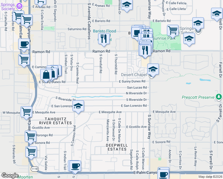 map of restaurants, bars, coffee shops, grocery stores, and more near 1175 San Lucas Road in Palm Springs