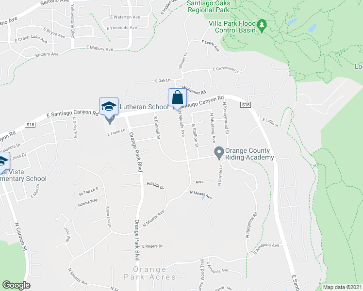 map of restaurants, bars, coffee shops, grocery stores, and more near 10401 North Meads Avenue in Orange