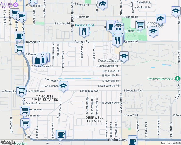 map of restaurants, bars, coffee shops, grocery stores, and more near 1175 San Lucas Road in Palm Springs