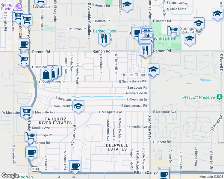 map of restaurants, bars, coffee shops, grocery stores, and more near 1221 San Lucas Road in Palm Springs