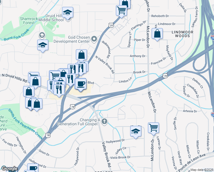 map of restaurants, bars, coffee shops, grocery stores, and more near 2064 Brian Way in Decatur