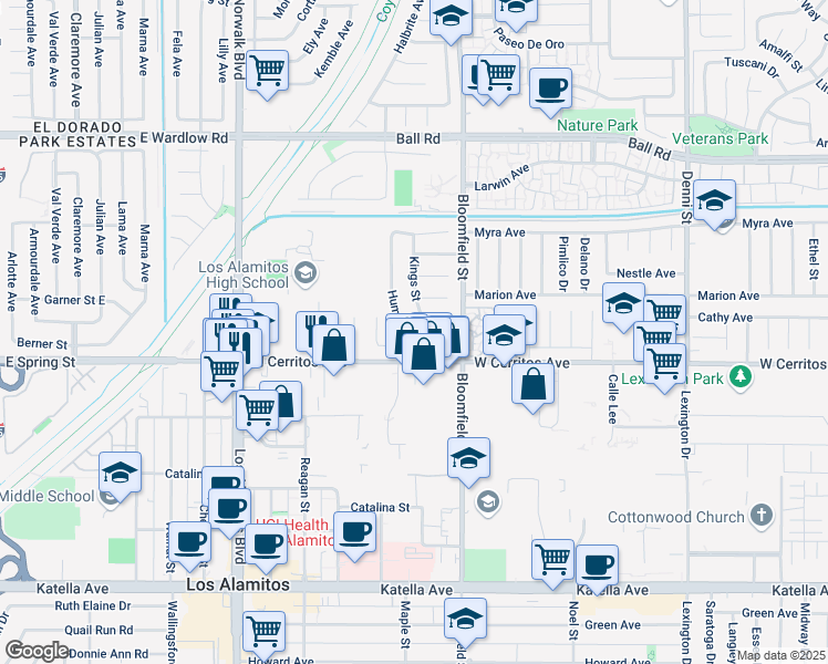 map of restaurants, bars, coffee shops, grocery stores, and more near 3922 San Mateo Avenue in Los Alamitos
