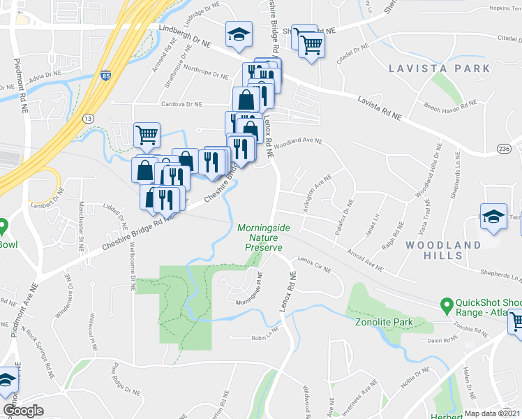 map of restaurants, bars, coffee shops, grocery stores, and more near 2070 Lenox Road Northeast in Atlanta