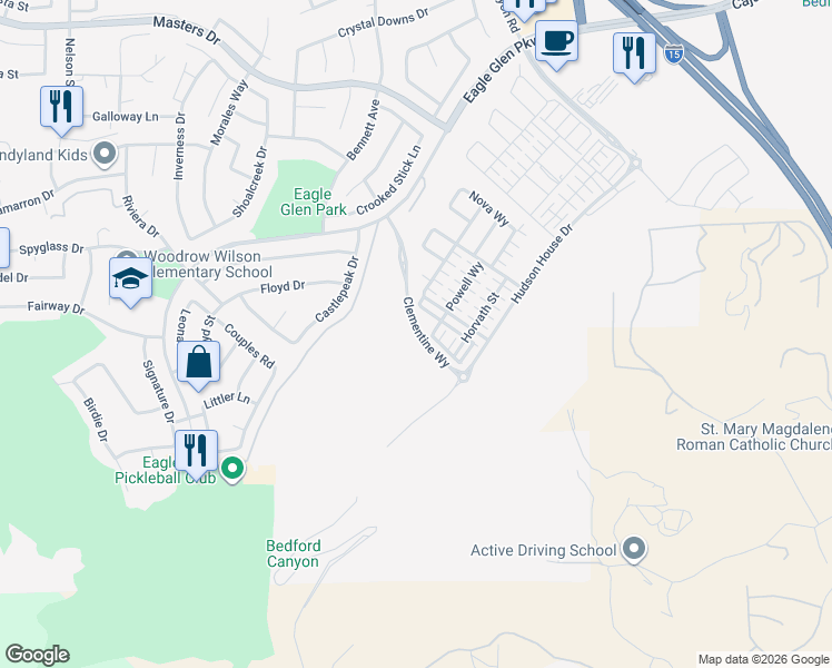 map of restaurants, bars, coffee shops, grocery stores, and more near 4155 Eagle Glen Parkway in Corona