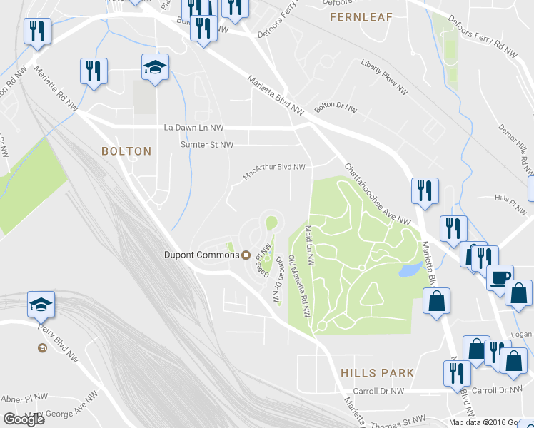 map of restaurants, bars, coffee shops, grocery stores, and more near 1605 Gilstrap Lane Northwest in Atlanta