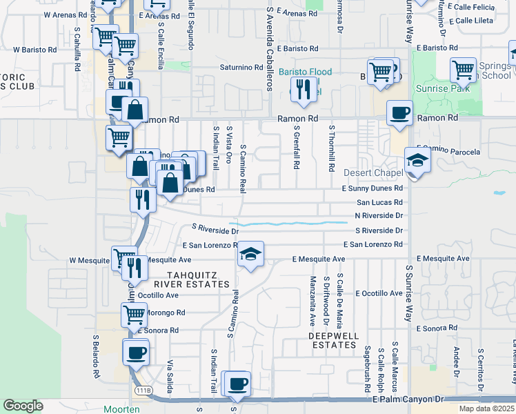 map of restaurants, bars, coffee shops, grocery stores, and more near 853 San Lucas Road in Palm Springs