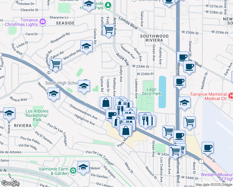 map of restaurants, bars, coffee shops, grocery stores, and more near 23552 Kathryn Avenue in Torrance