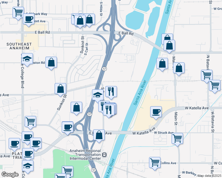 map of restaurants, bars, coffee shops, grocery stores, and more near 1400 South Douglass Road in Anaheim