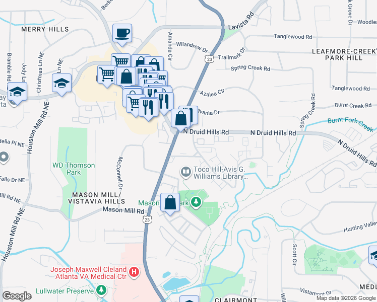 map of restaurants, bars, coffee shops, grocery stores, and more near 1130 North Jamestown Road in Decatur