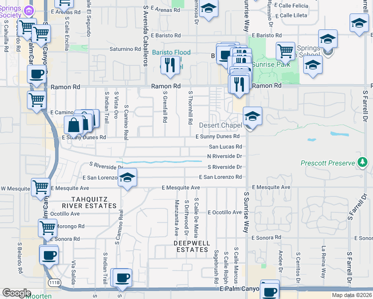 map of restaurants, bars, coffee shops, grocery stores, and more near 1221 San Lucas Road in Palm Springs