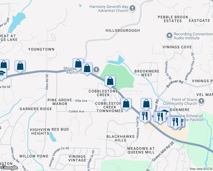 map of restaurants, bars, coffee shops, grocery stores, and more near 5928 Cobblestone Creek Circle in Mableton