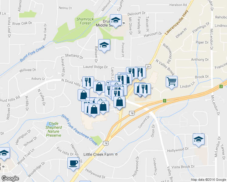 map of restaurants, bars, coffee shops, grocery stores, and more near 3870 North Druid Hills Road in Decatur