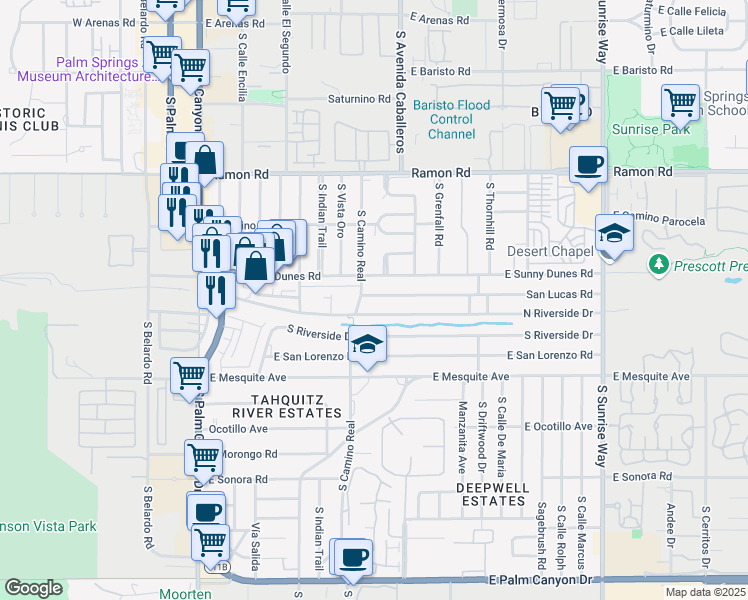 map of restaurants, bars, coffee shops, grocery stores, and more near 843 San Lucas Road in Palm Springs