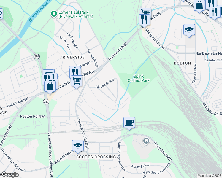 map of restaurants, bars, coffee shops, grocery stores, and more near 2431 Lowe Street Northwest in Atlanta