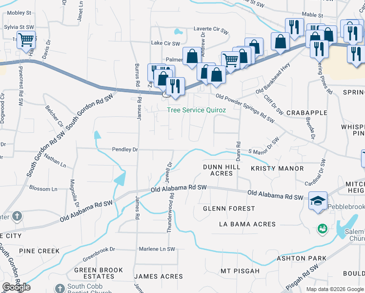 map of restaurants, bars, coffee shops, grocery stores, and more near 1366 Pendley Drive in Mableton