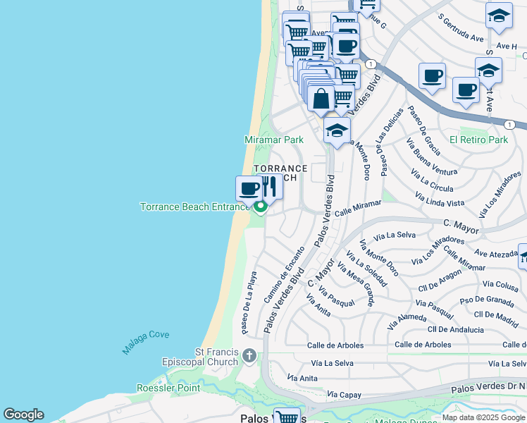 map of restaurants, bars, coffee shops, grocery stores, and more near 361 Paseo De La Playa in Torrance