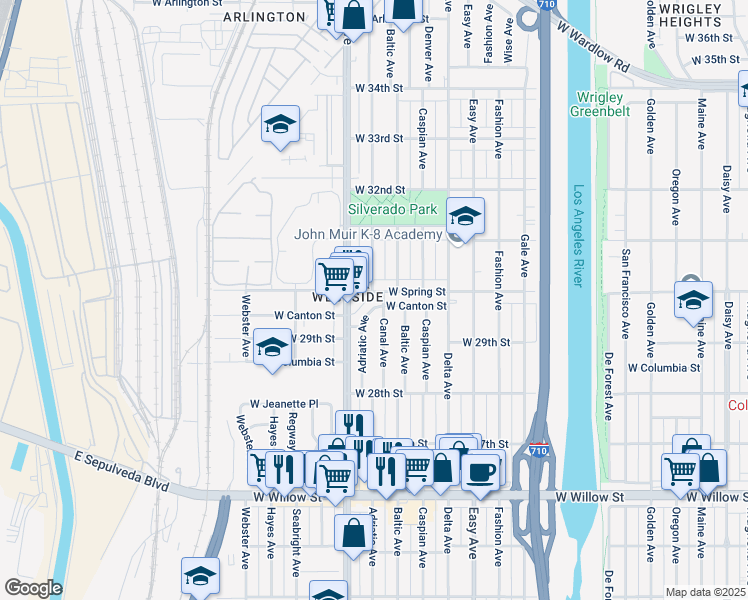 map of restaurants, bars, coffee shops, grocery stores, and more near 2992 Santa Fe Avenue in Long Beach