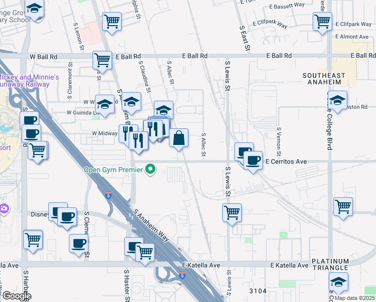 map of restaurants, bars, coffee shops, grocery stores, and more near 605 East Cerritos Avenue in Anaheim