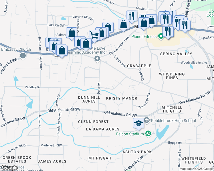 map of restaurants, bars, coffee shops, grocery stores, and more near 1000 South Manor Drive Southwest in Mableton