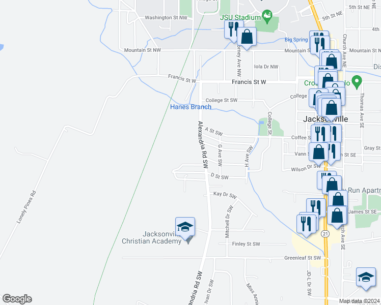 map of restaurants, bars, coffee shops, grocery stores, and more near 501 Alexandria Road Southwest in Jacksonville