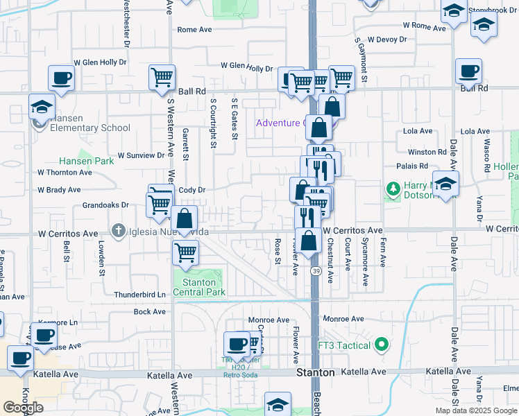 map of restaurants, bars, coffee shops, grocery stores, and more near 10393 East Briar Oaks Drive in Stanton