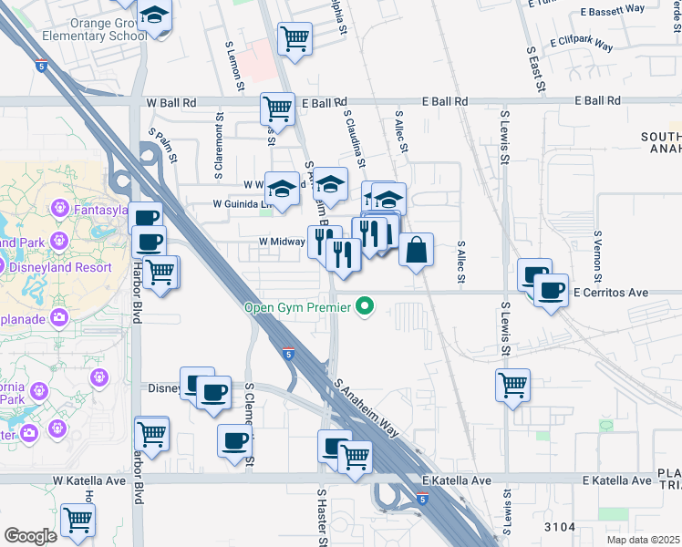 map of restaurants, bars, coffee shops, grocery stores, and more near 1482 South Anaheim Boulevard in Anaheim