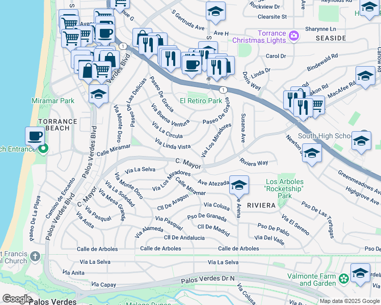 map of restaurants, bars, coffee shops, grocery stores, and more near 105 Vía El Chico in Redondo Beach