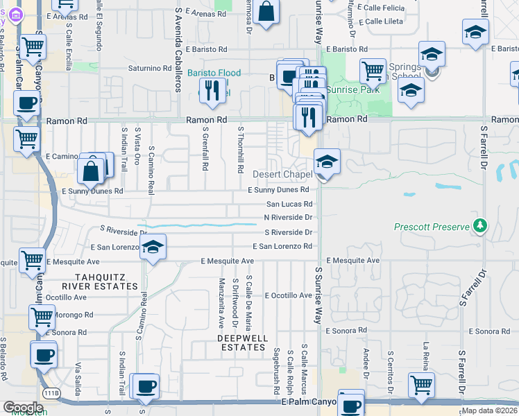 map of restaurants, bars, coffee shops, grocery stores, and more near 1353 San Lucas Road in Palm Springs