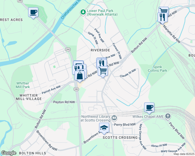 map of restaurants, bars, coffee shops, grocery stores, and more near 2040 Main Street Northwest in Atlanta