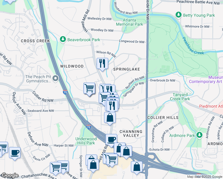 map of restaurants, bars, coffee shops, grocery stores, and more near 2073 McKinley Road Northwest in Atlanta
