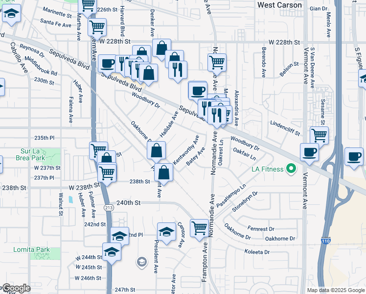 map of restaurants, bars, coffee shops, grocery stores, and more near 23426 Clearpool Place in Los Angeles