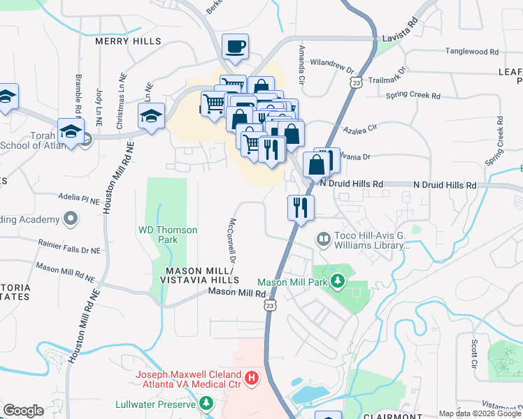 map of restaurants, bars, coffee shops, grocery stores, and more near 1155 McConnell Drive in Decatur