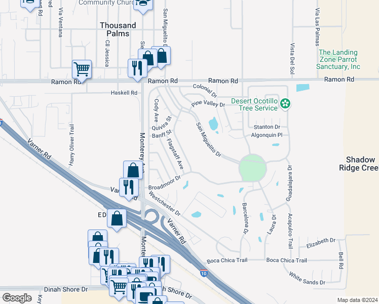 map of restaurants, bars, coffee shops, grocery stores, and more near 32800 Saint Andrews Drive in Thousand Palms