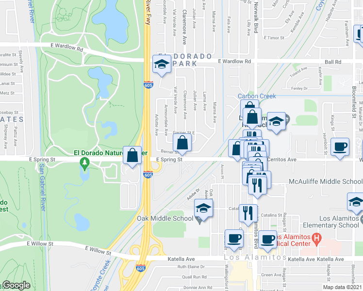 map of restaurants, bars, coffee shops, grocery stores, and more near 7896 East Cramer Street in Long Beach