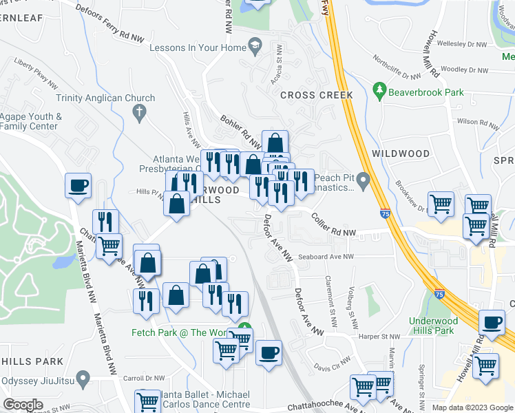 map of restaurants, bars, coffee shops, grocery stores, and more near 1212 Collier Road Northwest in Atlanta