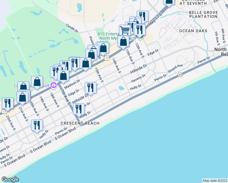 map of restaurants, bars, coffee shops, grocery stores, and more near 1417 Havens Drive in North Myrtle Beach