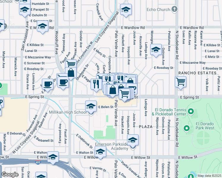 map of restaurants, bars, coffee shops, grocery stores, and more near 6345 East Spring Street in Long Beach