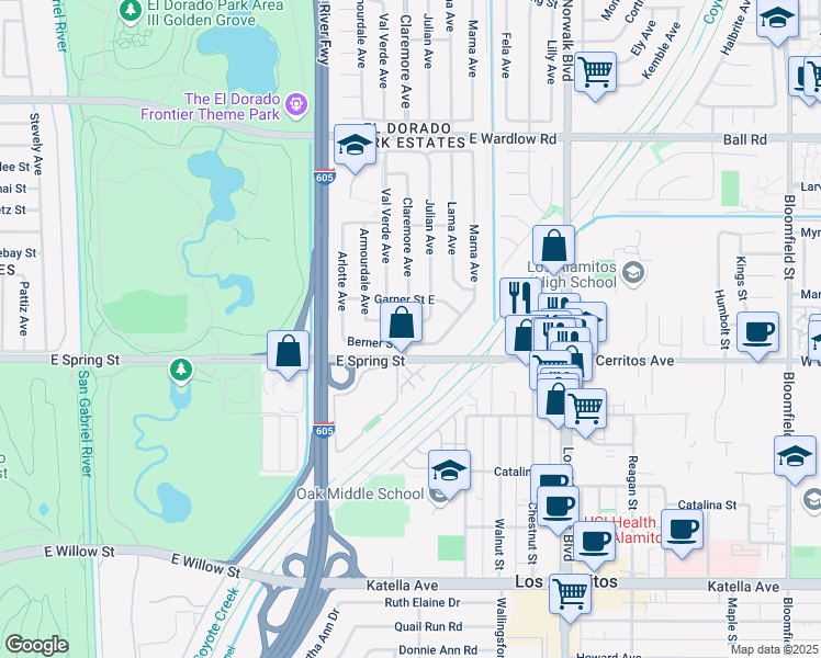 map of restaurants, bars, coffee shops, grocery stores, and more near 7900 East Cramer Street in Long Beach