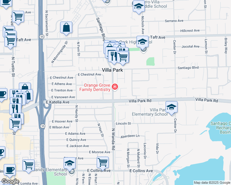 map of restaurants, bars, coffee shops, grocery stores, and more near 1421 North Wanda Road in Orange