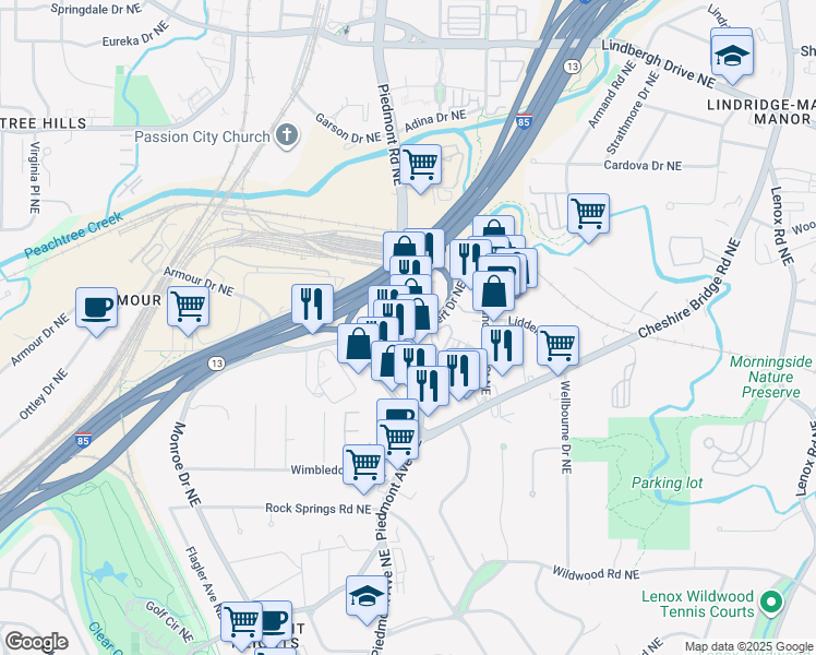 map of restaurants, bars, coffee shops, grocery stores, and more near 2055 Piedmont Road Northeast in Atlanta