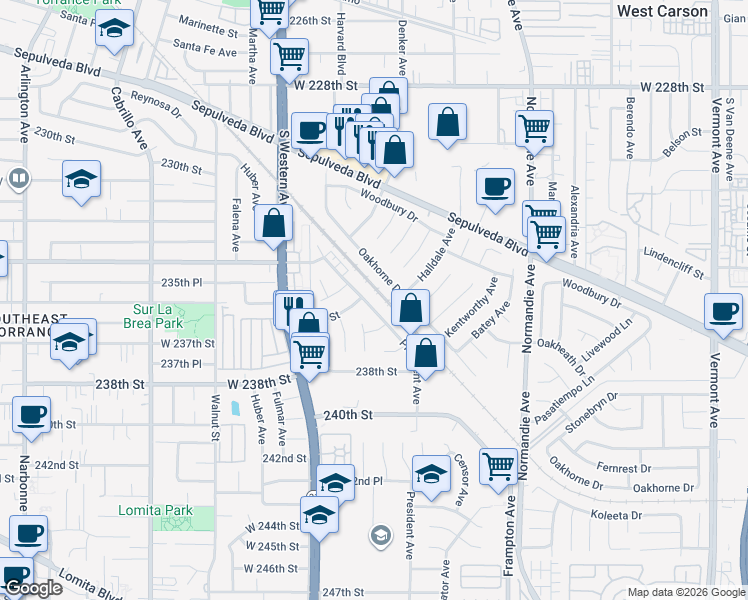 map of restaurants, bars, coffee shops, grocery stores, and more near 23704 President Avenue in Los Angeles