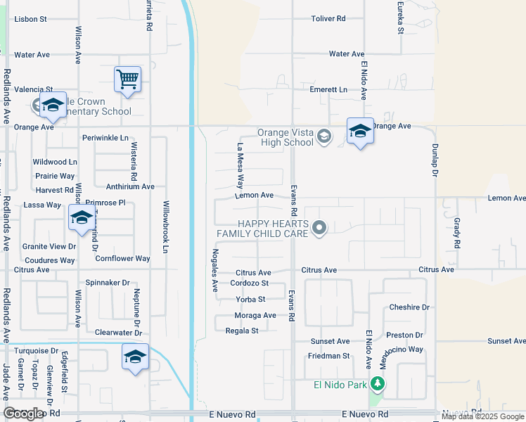 map of restaurants, bars, coffee shops, grocery stores, and more near 1133 Anza Court in Perris