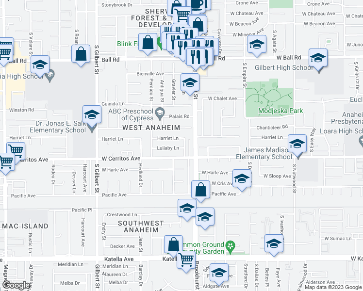 map of restaurants, bars, coffee shops, grocery stores, and more near 9911 Lullaby Lane in Anaheim
