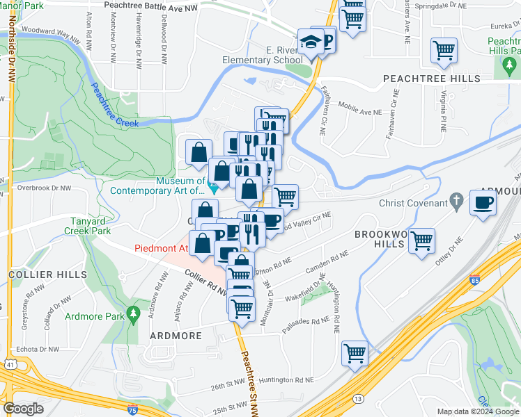 map of restaurants, bars, coffee shops, grocery stores, and more near 2060 Peachtree Road in Atlanta