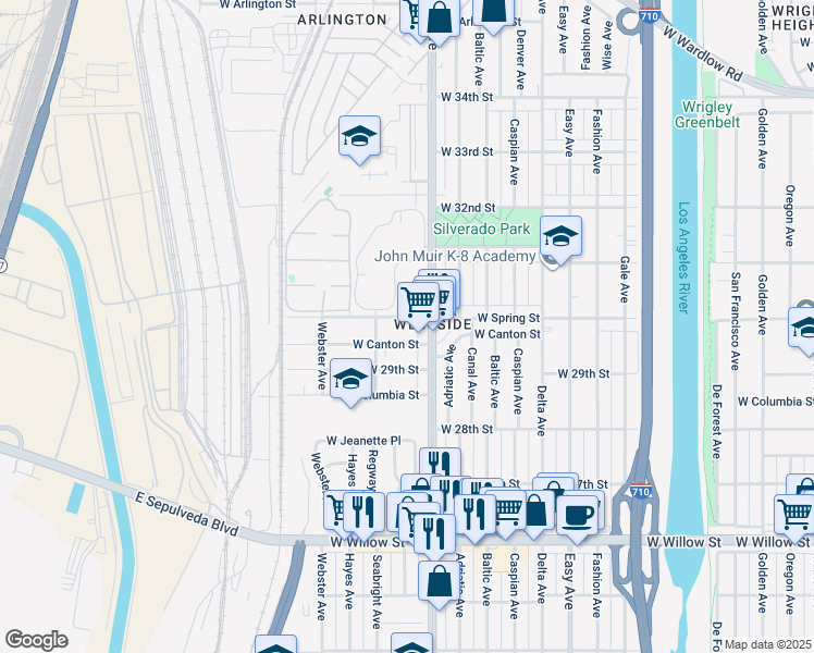 map of restaurants, bars, coffee shops, grocery stores, and more near 1740 West Spring Street in Long Beach